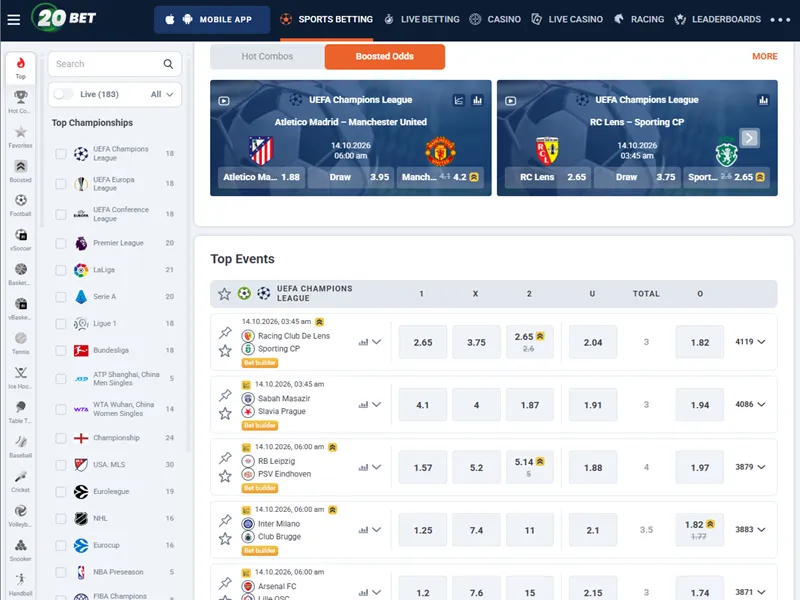 20Bet live football betting interface preview