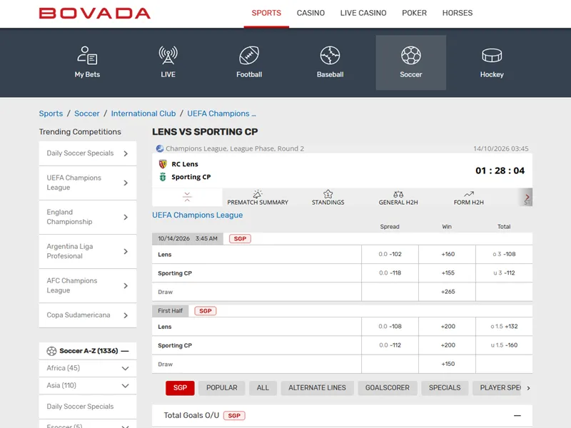Bovada football betting interface and prop builder